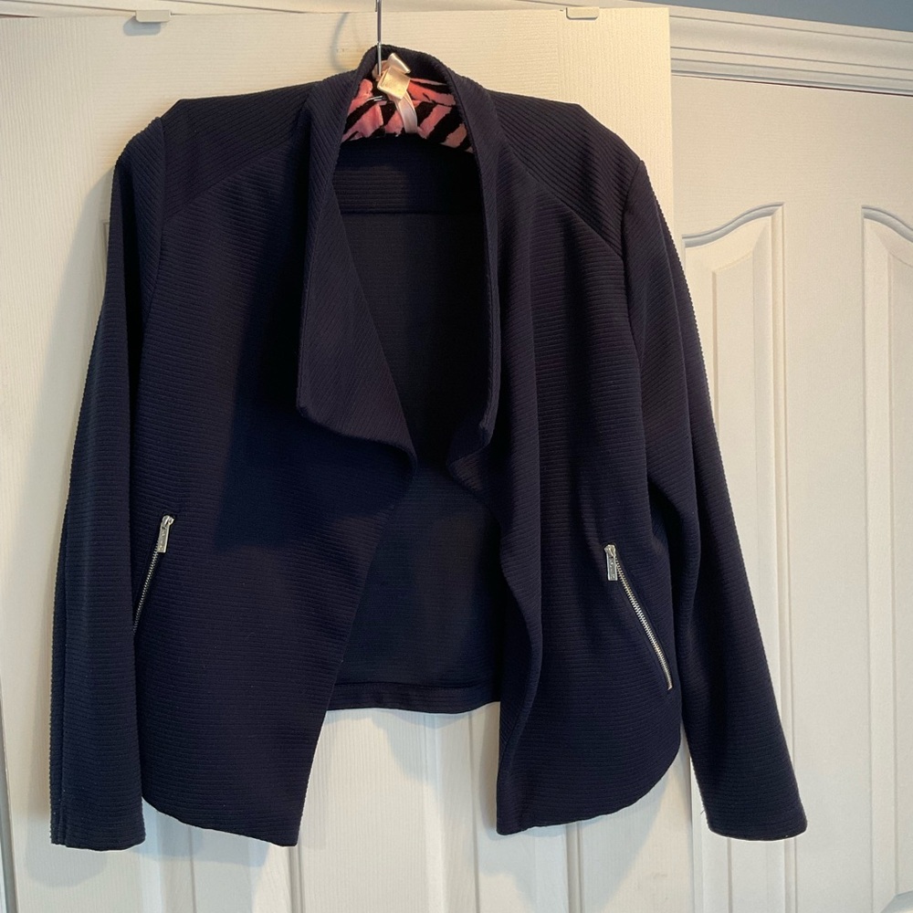 Calvin Klein Navy Blue Moto Jacket in Ribbed Knit